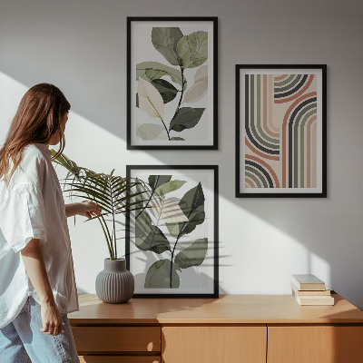 Set of 3 framed wall art pieces Geometric plant motifs
