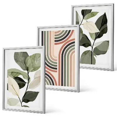 Set of 3 framed wall art pieces featuring geometric plant motifs
