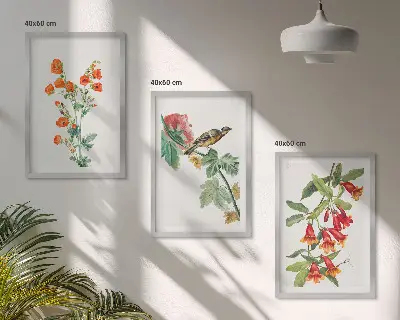 Three-piece floral and bird wall art set painted flowers and a bird design