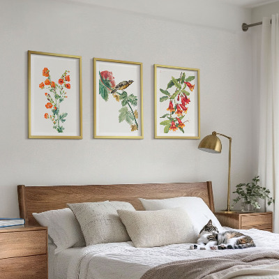 Three-piece wall art piece Painted flowers and a bird