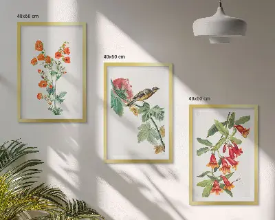Three-piece floral and bird wall art set painted flowers and a bird design