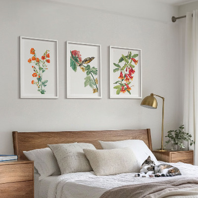 Three-piece wall art piece Painted flowers and a bird