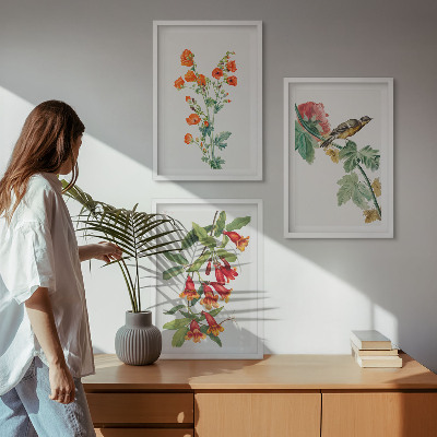 Three-piece wall art piece Painted flowers and a bird