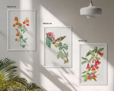 Three-piece floral and bird wall art set painted flowers and a bird design