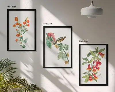 Three-piece floral and bird wall art set painted flowers and a bird design
