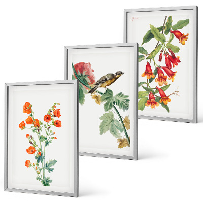 Three-piece wall art piece Painted flowers and a bird