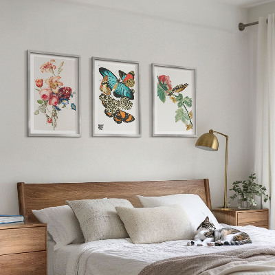 Three-piece wall art piece Flowers butterflies bird pastel