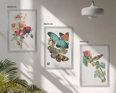 Three-piece wall art set floral butterfly and bird pastel print