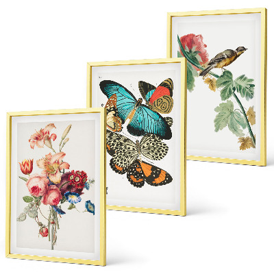 Three-piece wall art piece Flowers butterflies bird pastel