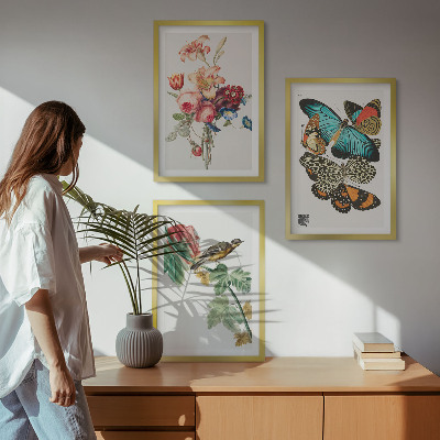 Three-piece wall art piece Flowers butterflies bird pastel