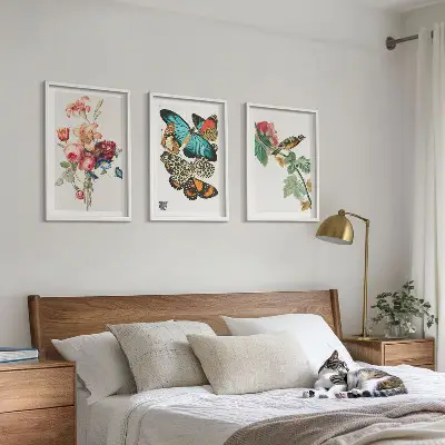 Three-piece wall art set floral butterfly and bird pastel print