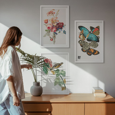 Three-piece wall art piece Flowers butterflies bird pastel