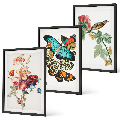 Three-piece wall art piece Flowers butterflies bird pastel