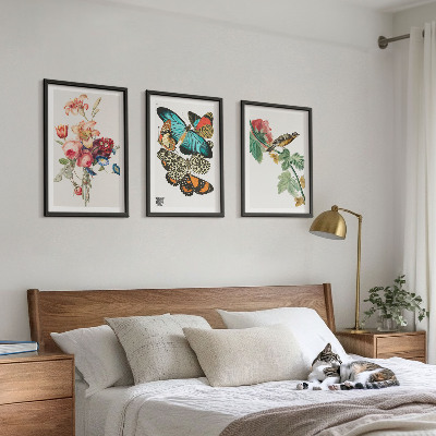 Three-piece wall art piece Flowers butterflies bird pastel
