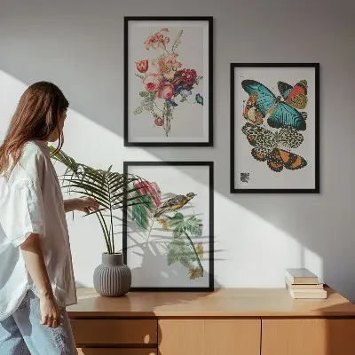 Three-piece wall art set floral butterfly and bird pastel print