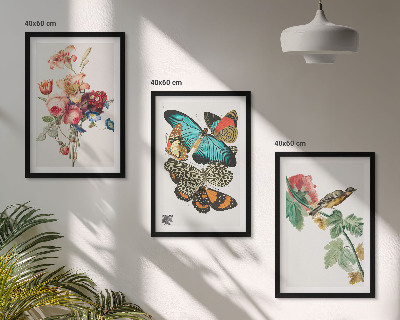 Three-piece wall art piece Flowers butterflies bird pastel