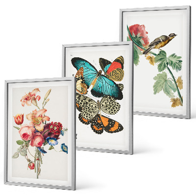 Three-piece wall art piece Flowers butterflies bird pastel