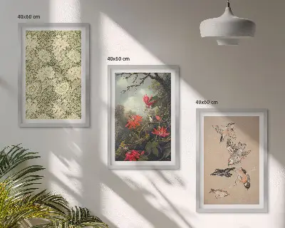 Set of 3 framed wall art pieces featuring flowers, birds, and nature