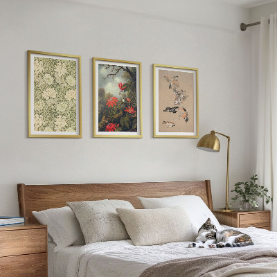Set of 3 framed wall art pieces Flowers birds nature
