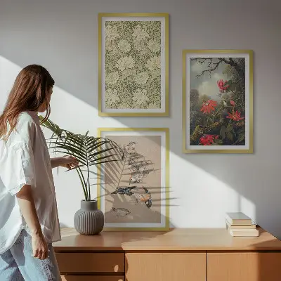 Set of 3 framed wall art pieces featuring flowers, birds, and nature