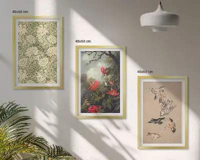 Set of 3 framed wall art pieces featuring flowers, birds, and nature