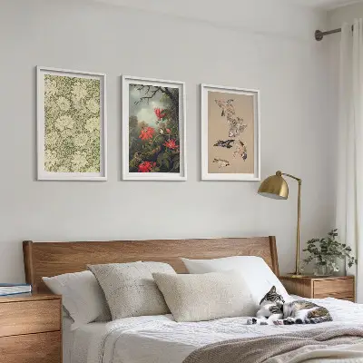 Set of 3 framed wall art pieces featuring flowers, birds, and nature