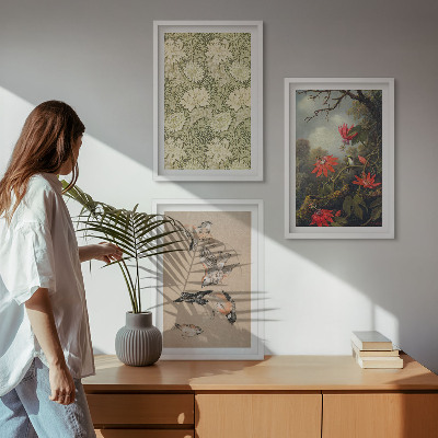 Set of 3 framed wall art pieces Flowers birds nature