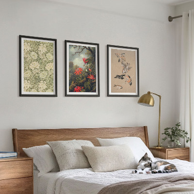 Set of 3 framed wall art pieces Flowers birds nature