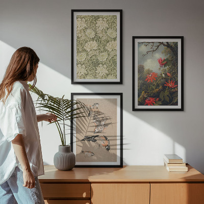 Set of 3 framed wall art pieces Flowers birds nature