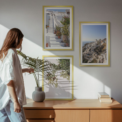 Wall art set White stairs Santorini view
