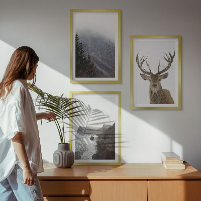 Set of 3 framed wall art pieces Mountain landscape with deer