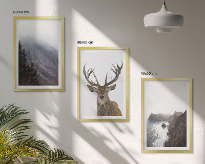 Set of 3 framed wall art pieces Mountain landscape with deer