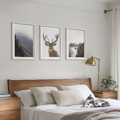 Set of 3 framed wall art pieces Mountain landscape with deer
