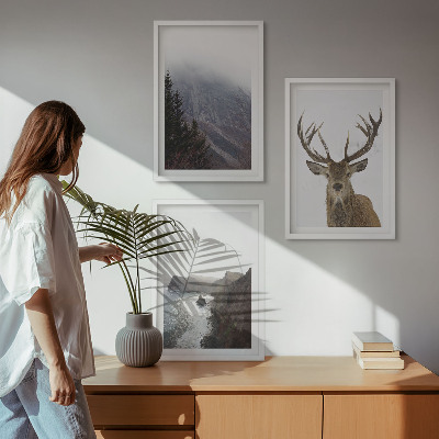 Set of 3 framed wall art pieces Mountain landscape with deer