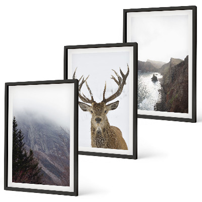 Set of 3 framed wall art pieces Mountain landscape with deer
