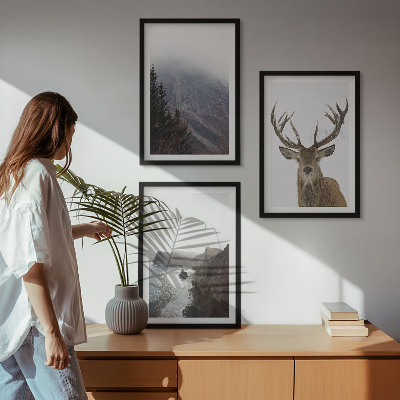 Set of 3 framed wall art pieces Mountain landscape with deer