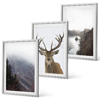 Set of 3 framed wall art pieces Mountain landscape with deer