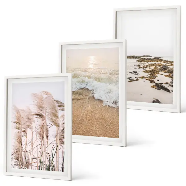 Three-piece wall art set boho beach grass waves and stones print