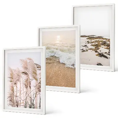 Three-piece wall art set boho beach grass waves and stones print