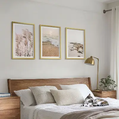 Three-piece wall art set boho beach grass waves and stones print