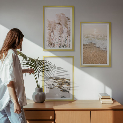 Three-piece wall art piece Beach grass waves stones boho