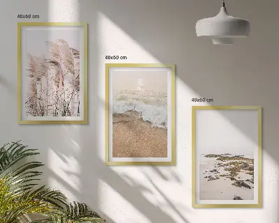 Three-piece wall art set boho beach grass waves and stones print