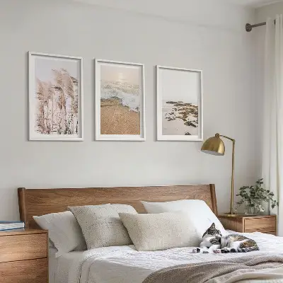 Three-piece wall art set boho beach grass waves and stones print