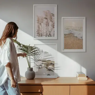 Three-piece wall art set boho beach grass waves and stones print