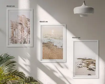 Three-piece wall art set boho beach grass waves and stones print