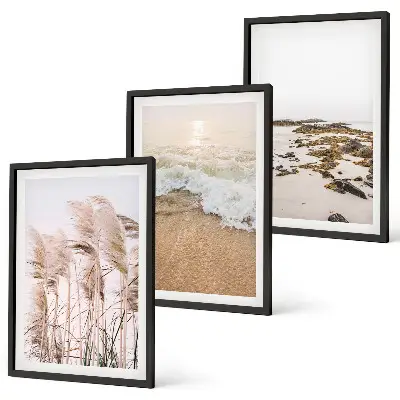 Three-piece wall art set boho beach grass waves and stones print