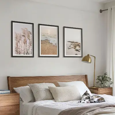 Three-piece wall art set boho beach grass waves and stones print