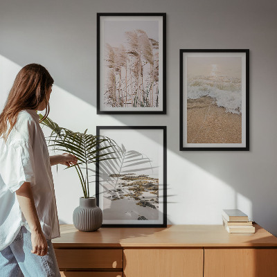 Three-piece wall art piece Beach grass waves stones boho