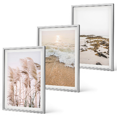 Three-piece wall art piece Beach grass waves stones boho