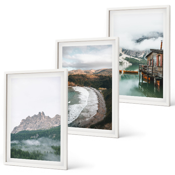 Set of 3 framed wall art pieces Mountain beaches wooden house